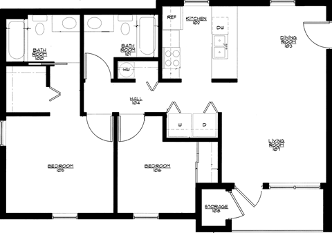 Floor plan for 2 beds, 2 baths, 910 sqft